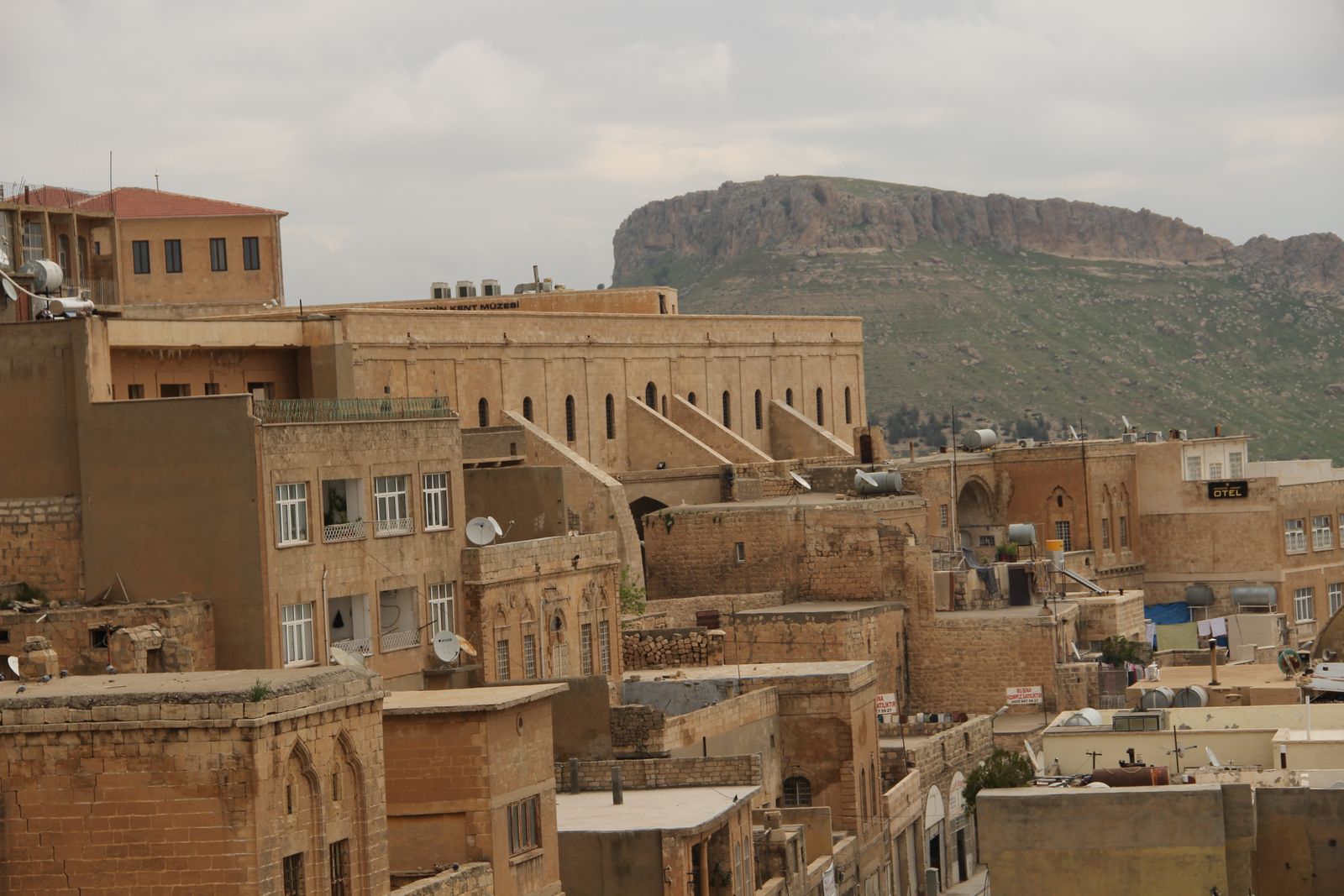 Honey-coloured stone houses terraced up the hillside of Mardin's old town, with the castle ridge behind.