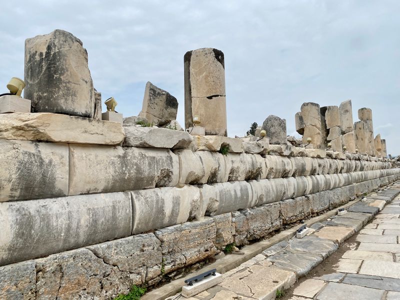 A marble-paved ancient street lined with columns in the archaeological city of Ephesus.