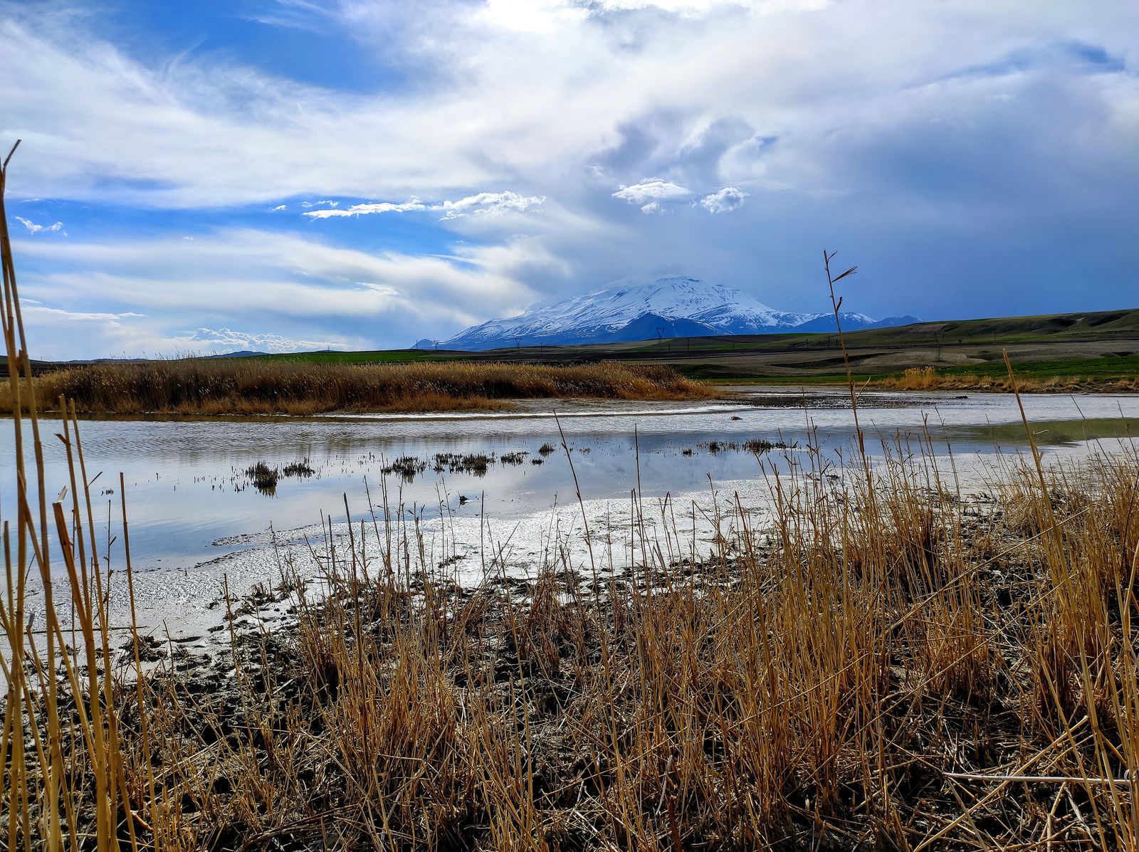 Snow-covered Mount Süphan rising beyond the reed-lined shore of Lake Norşin.