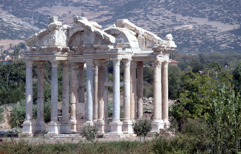 The re-erected columns and pediment of the Tetrapylon at Aphrodisias.