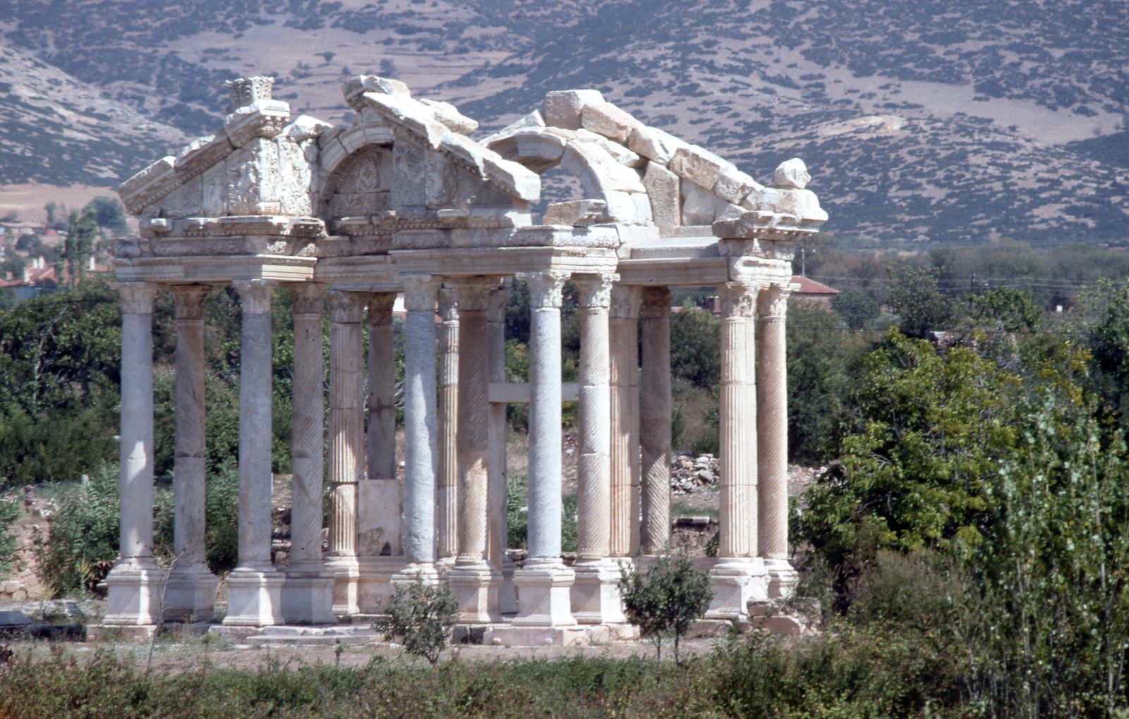 The re-erected columns and pediment of the Tetrapylon at Aphrodisias.