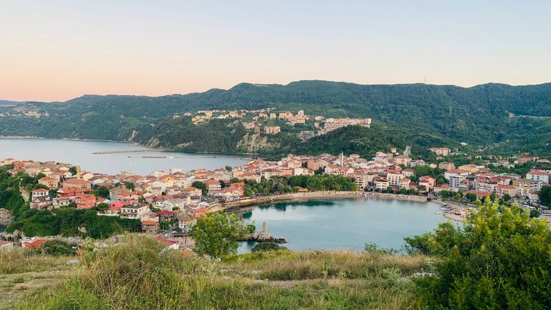 Amasra's peninsula reaching into the sea, with its cove and red-roofed houses.